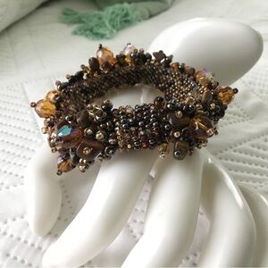 Handcrafted Czech Glass Amber Brown Beaded Cluster Bracelet